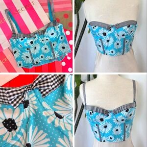 Victoria's Secret Vintage Very Sexy Bustier Bra Blue Floral Plaid Daisy Crop Top